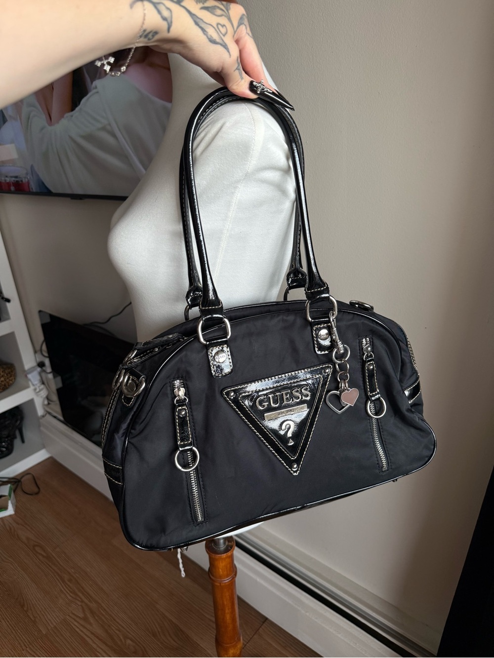 GUESS Vintage Black Dome Satchel Handbag
